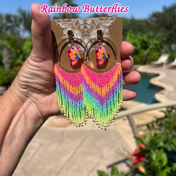 Handmade Beaded Long Tassel Fringe Dangle Drop Butterfly Post Hoop Earrings Wow! - Picture 8 of 8